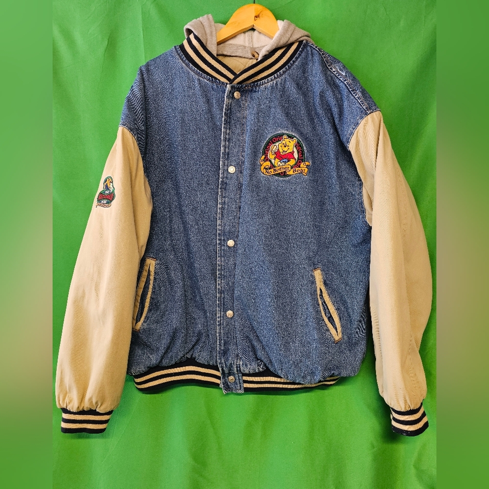 Winnie The Pooh " No Bother Bear" denim varsity jacket in men's size XL
Used in